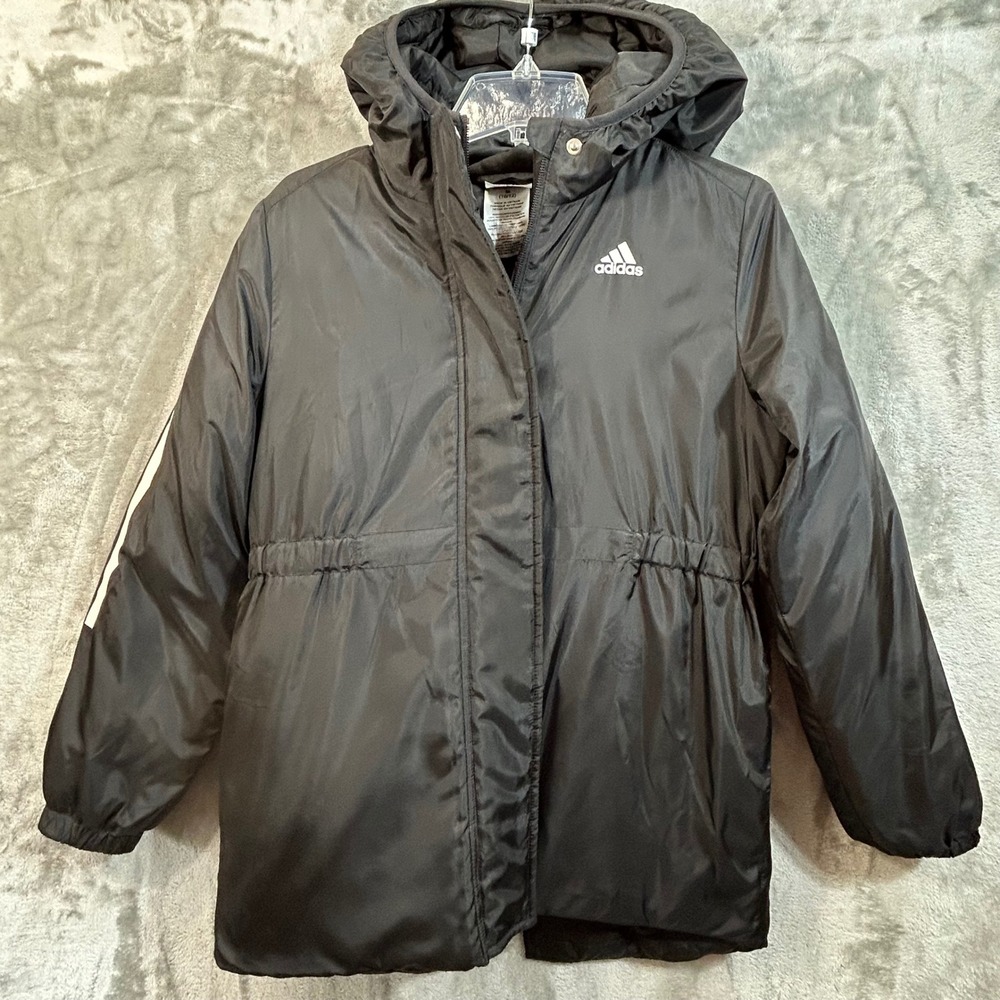 Adidas Girls Black Hooded Puffer Jacket Insulated Med 10/12 Three Stripes AP4515